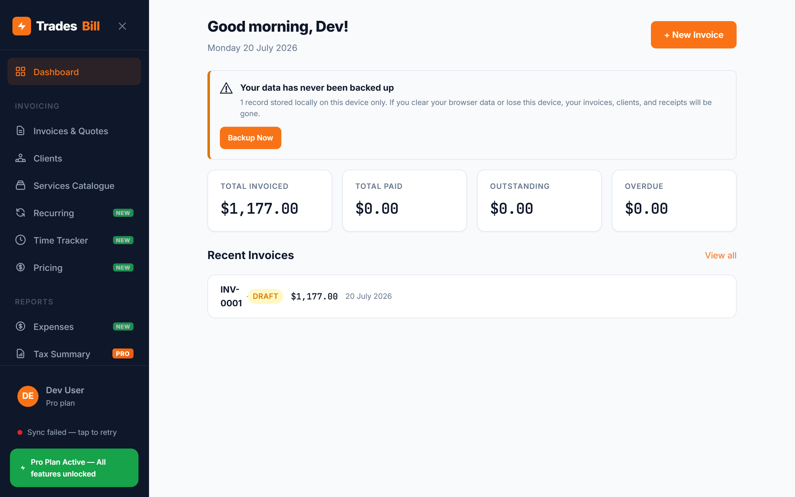 TradesBill dashboard with invoice summary