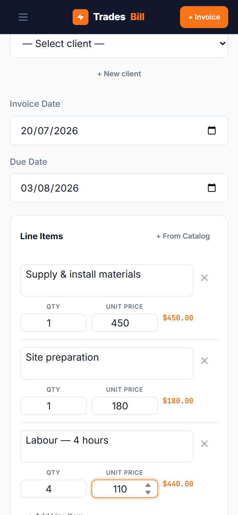 TradesBill invoice creation — clean and fast