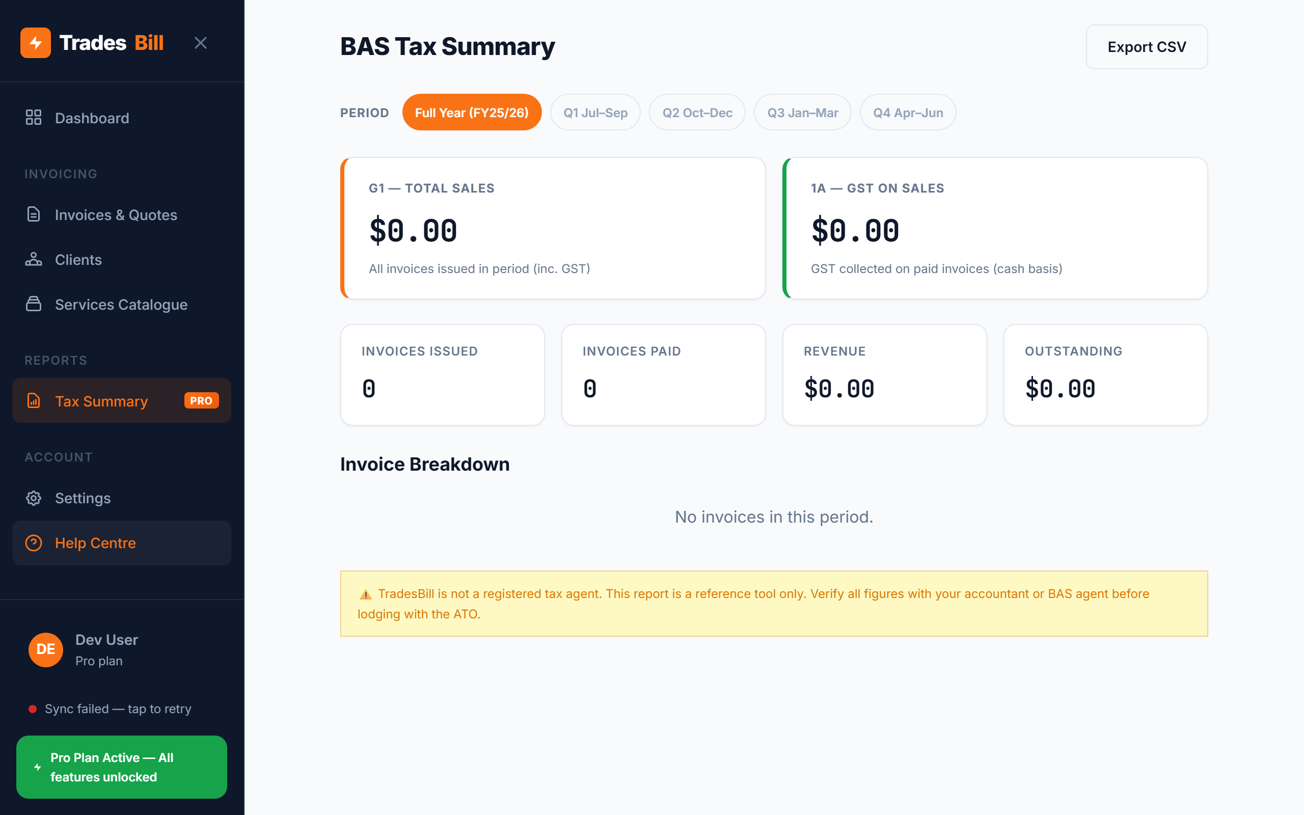BAS Tax Summary — G1 total sales and 1A GST collected for the quarter