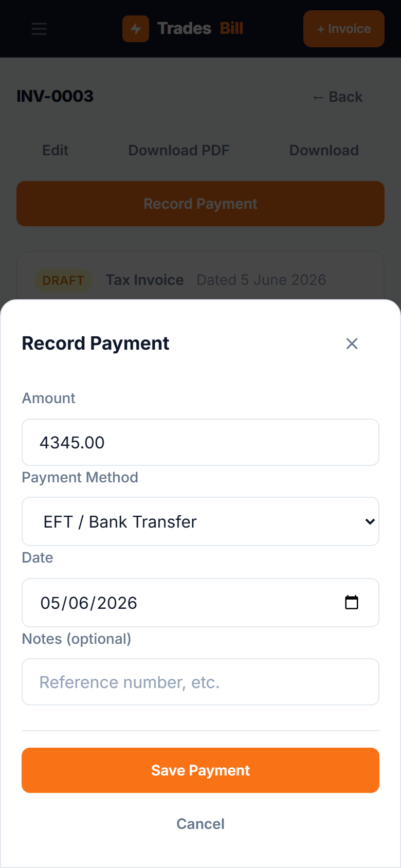 Recording a payment against the invoice — amount, method and date