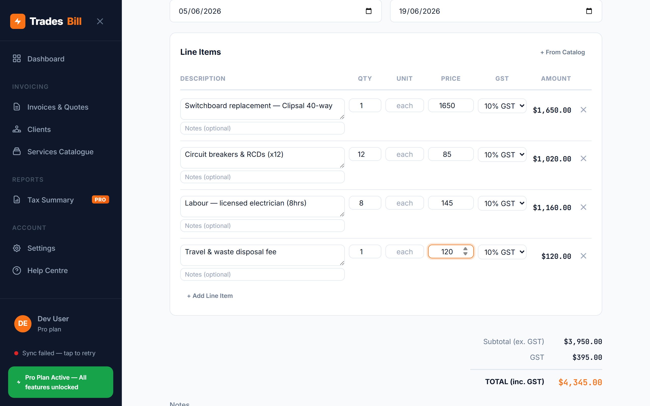 Creating a Quote in TradesBill for a switchboard upgrade job