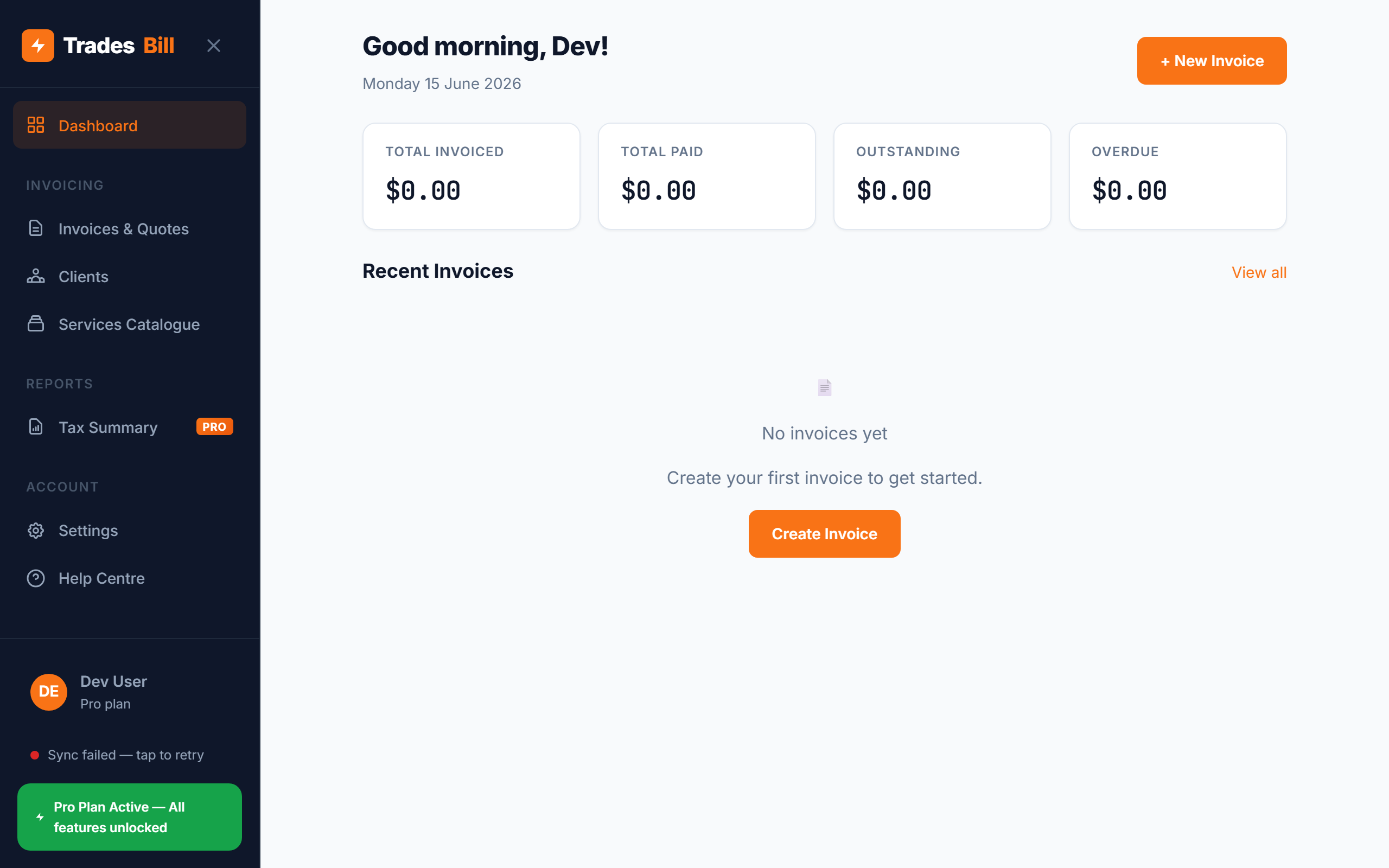 TradesBill dashboard overview