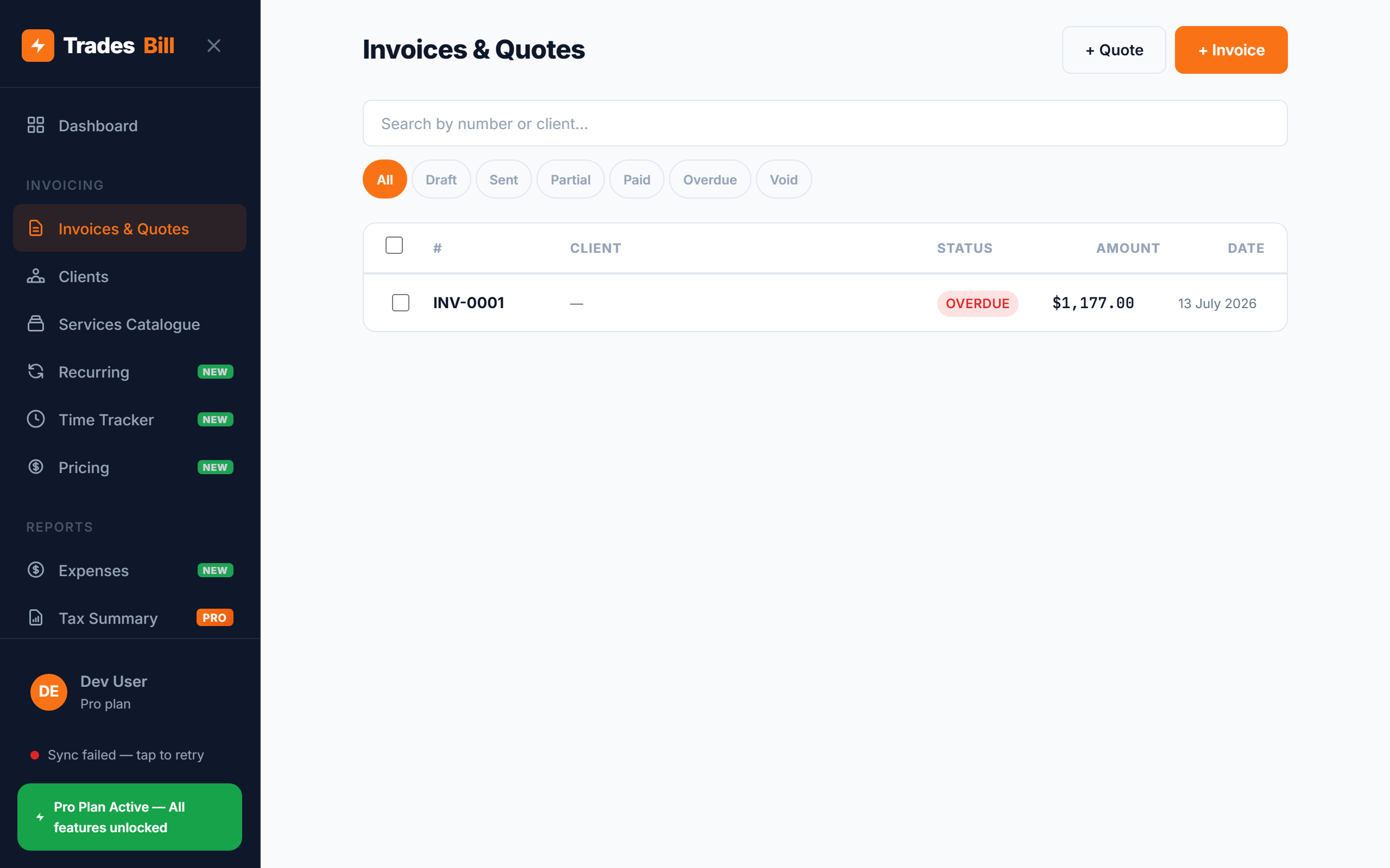 Invoice list with overdue status badges