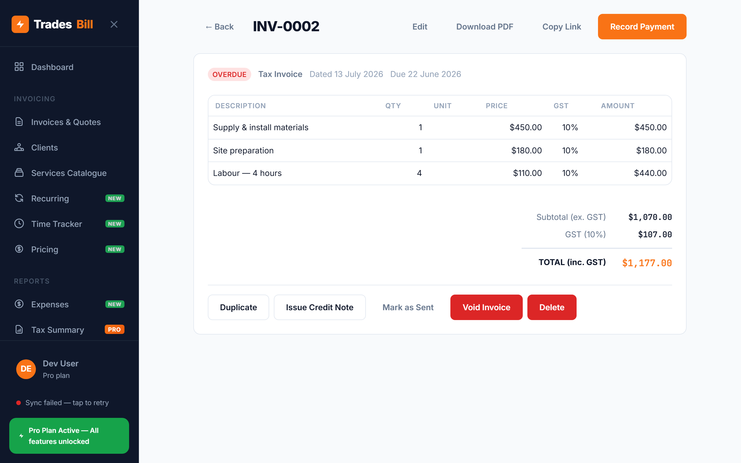 Overdue invoice detail in TradesBill