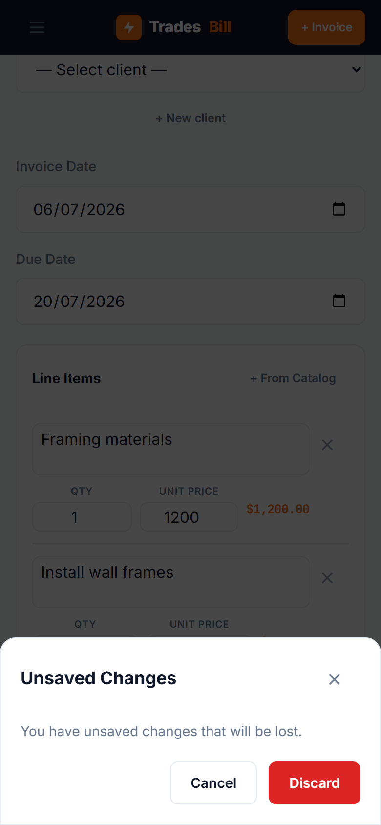 Completed builder invoice in TradesBill