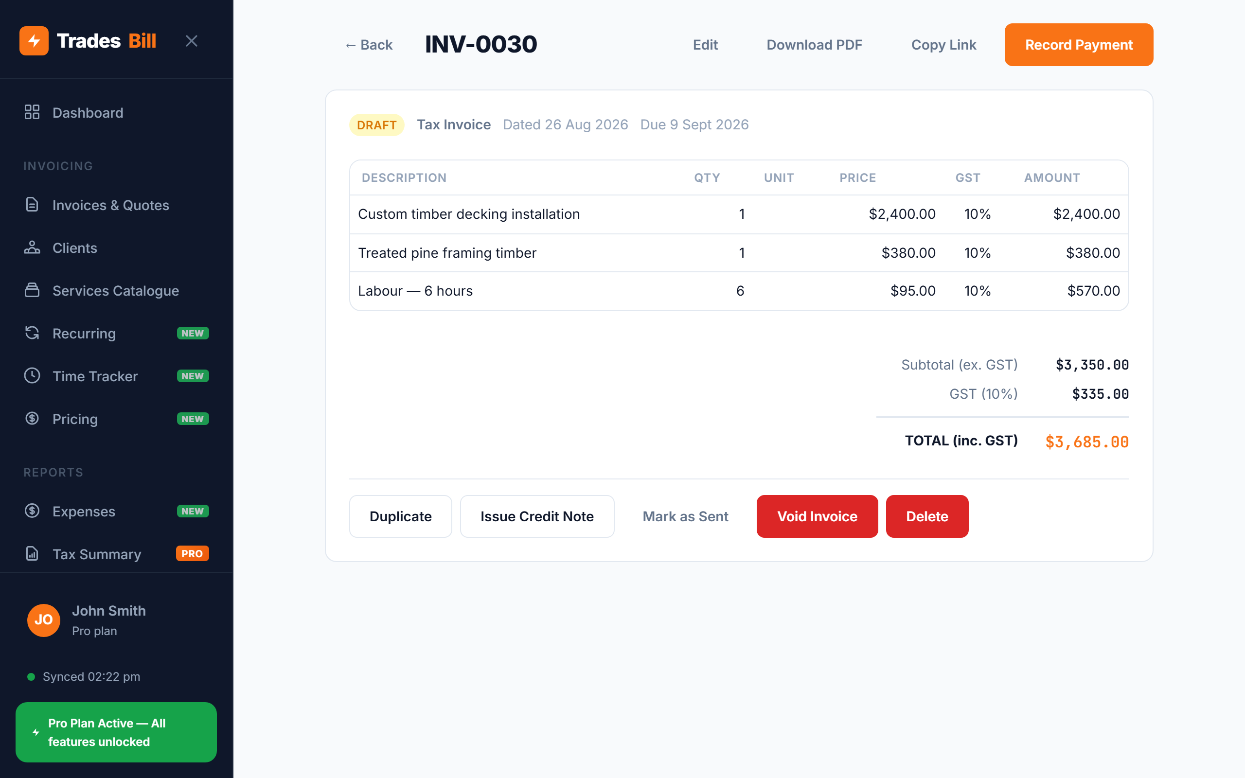 Completed carpentry invoice in TradesBill