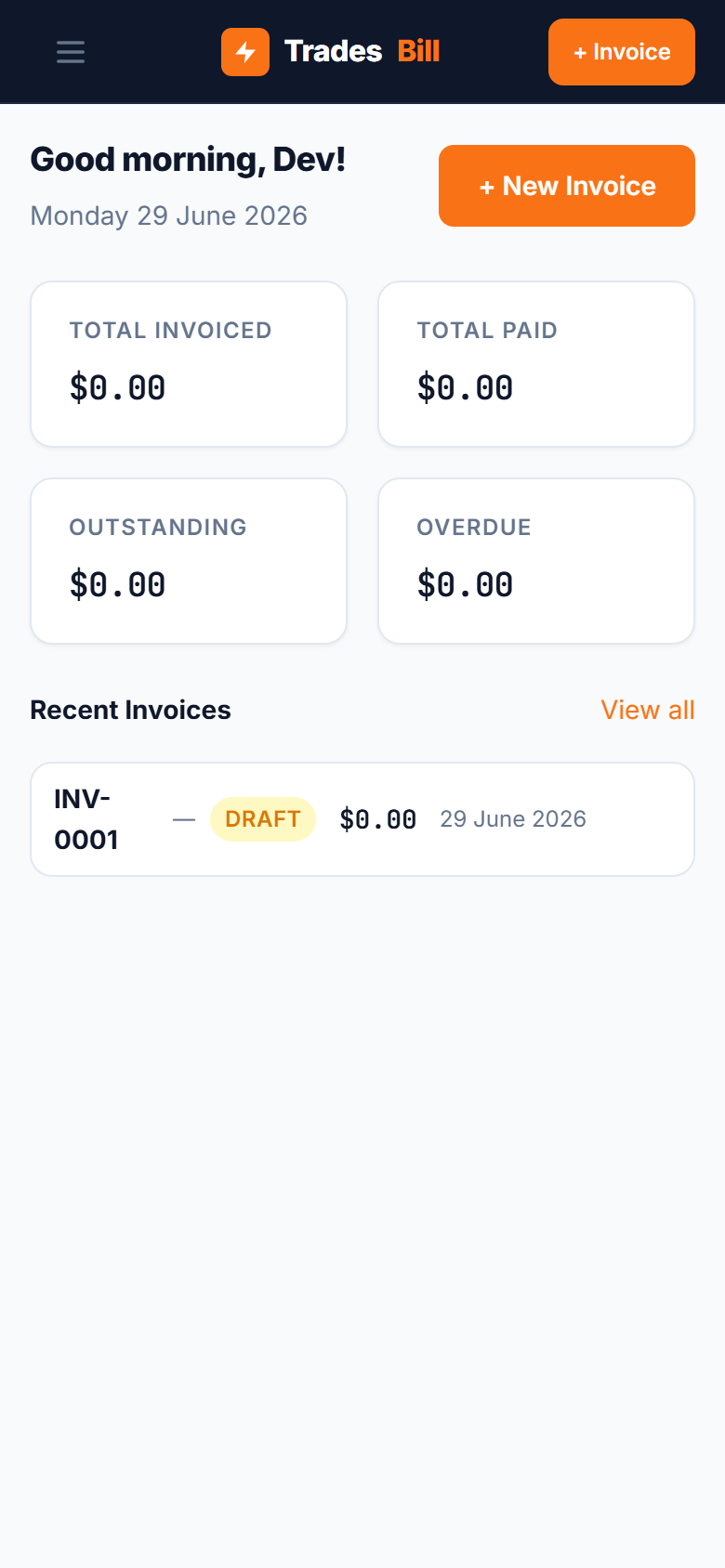 Completed plumbing invoice in TradesBill