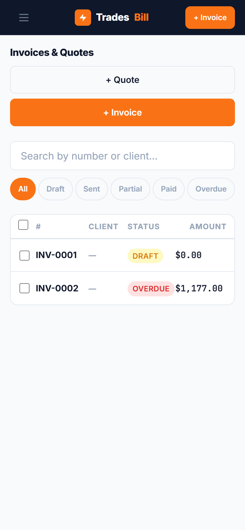 Invoice list showing due dates and payment status