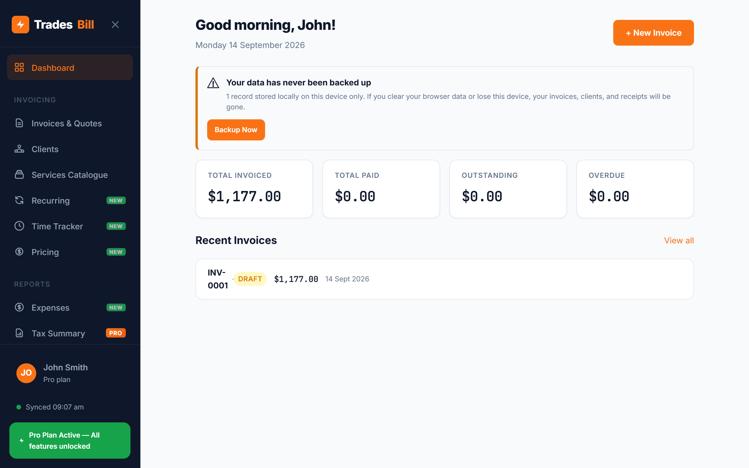 TradesBill dashboard overview