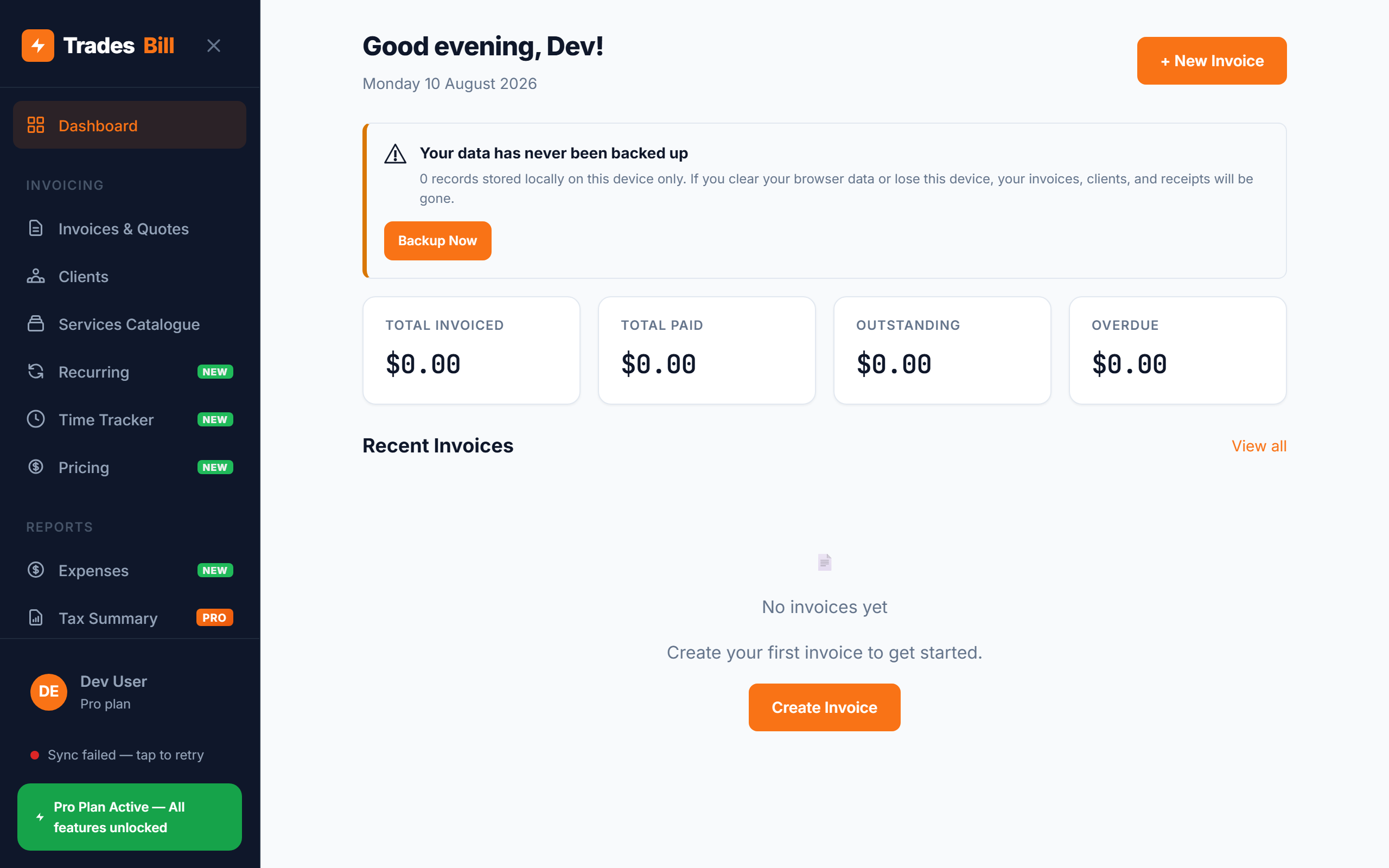 Invoice list with overdue and payment tracking