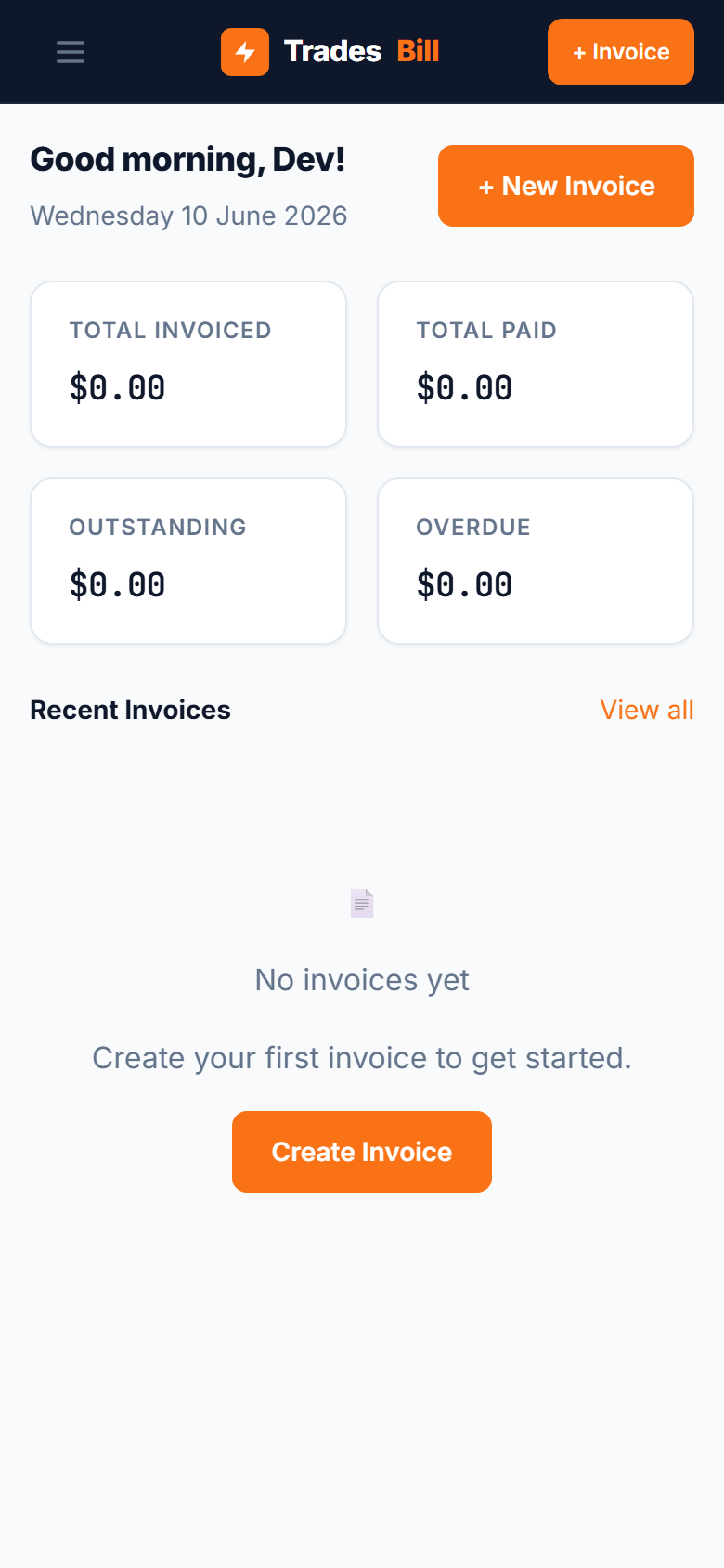 Invoice list showing both quotes and invoices