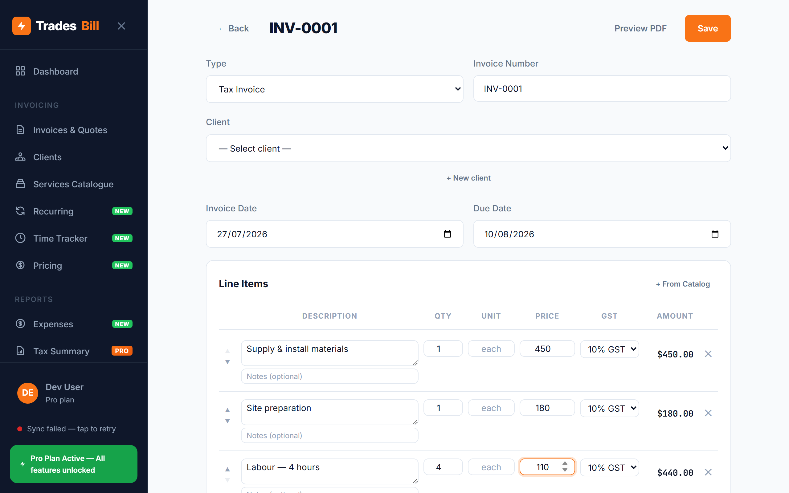 TradesBill invoice creation interface