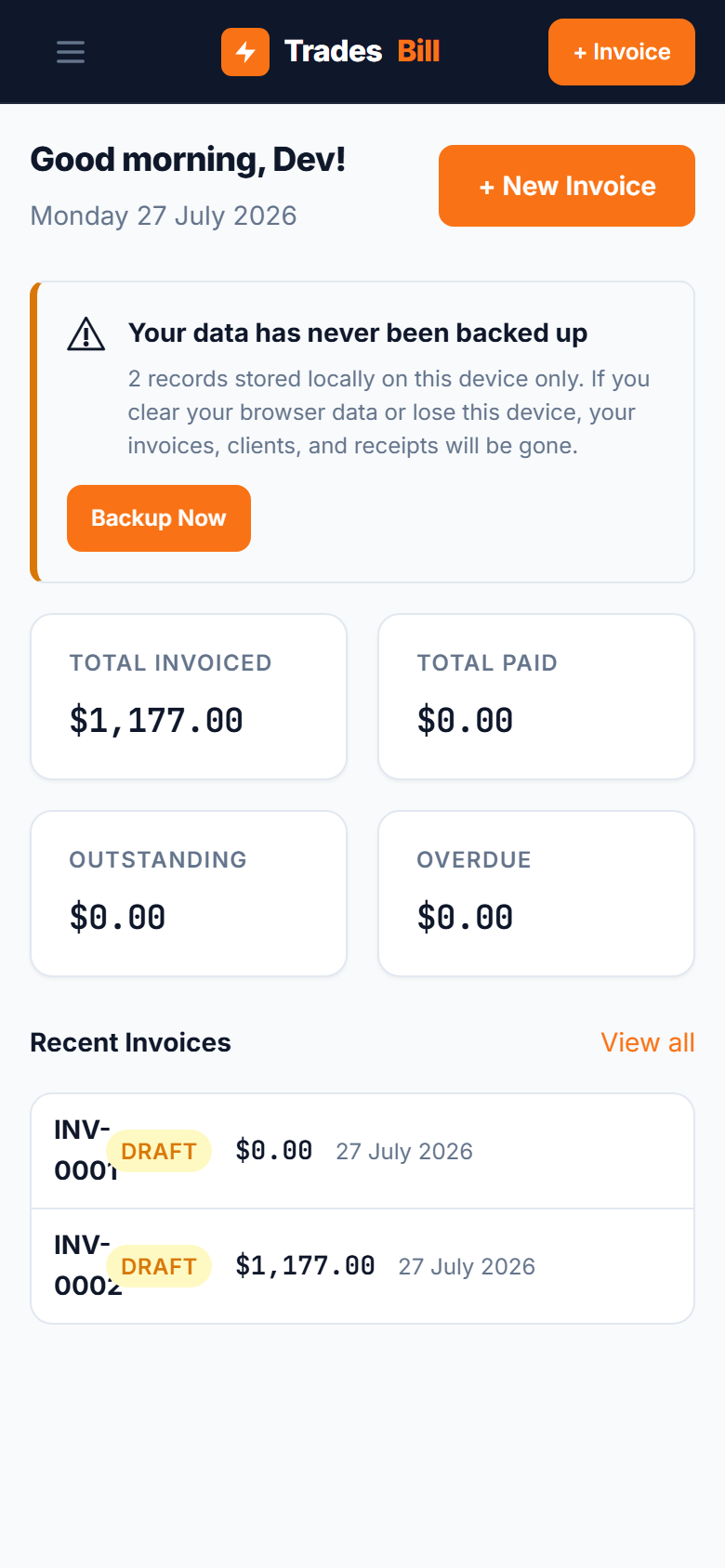 TradesBill dashboard — simple and focused