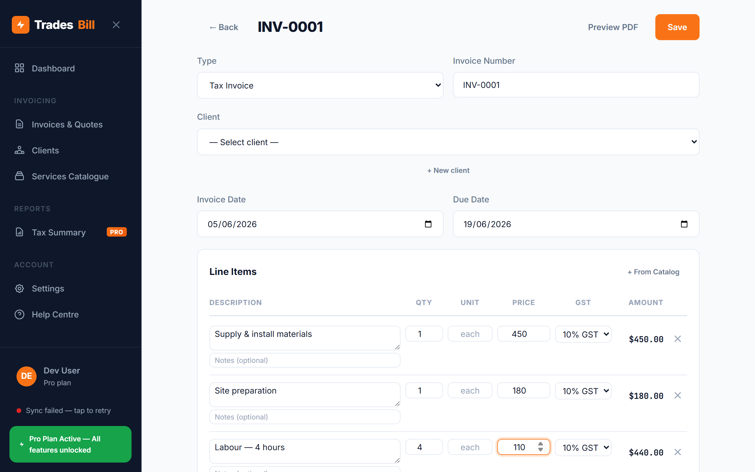 Creating a tax invoice in TradesBill with line items