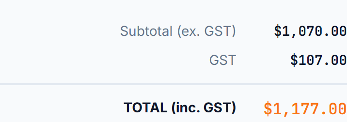 Invoice totals showing subtotal, GST and total amount due